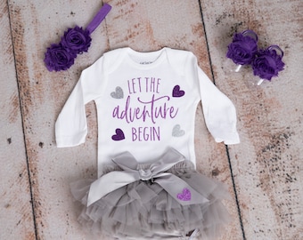 LET THE ADVENTURE Begin, New Baby Girl Outfit, Take Me Home, Newborn Girl Outfit, Purple, Boutique Style, Baby Girl Clothing, Tutu Set,girl