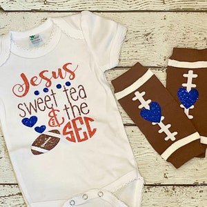 JESUS SWEET Tea and SEC, Newest Football Fan Bodysuit, College Football Bodysuit, Baby Gator Fan, southern baby, 1st football outfit,