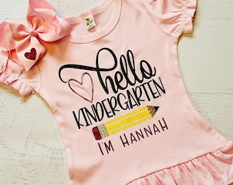 Personalized Hello Kindergarten Shirt, Ruffle Tee, First Day of School Outfit