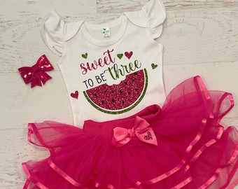 GIRLS BIRTHDAY OUTFIT, 3rd Birthday, Girls 3rd Birthday Shirt,Melon Tank, watermelon tank,Skirt with Ribbon,Flutter Sleeve,Sweet to Be Three