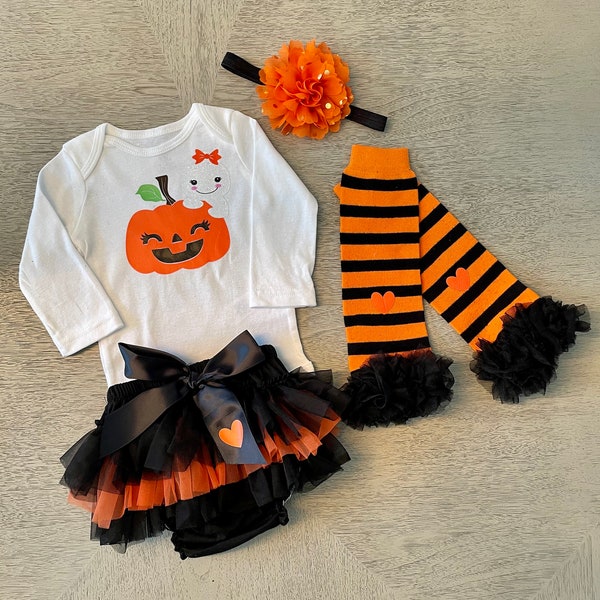BABY GIRL HALLOWEEN: First Halloween Outfit, Baby Girl Halloween-Halloween Outfit-1st Halloween-Halloween Leg Warmers-Pumpkin-Ghost Shirt