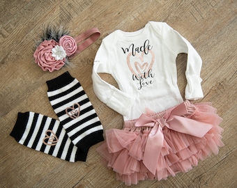 Baby Girl Coming Home Outfit: Bodysuit, Ruffle Diaper Cover, Headband, Leg Warmers