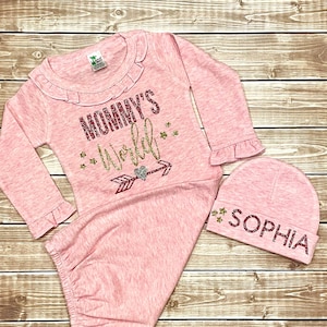 NEWBORN BABY GIRL Gift, Mommy&#39;s World, Baby Gown, Newborn Girl Clothing with name,Personalized Baby Girl Outfit,Coming Home-Take Me Home,Hat