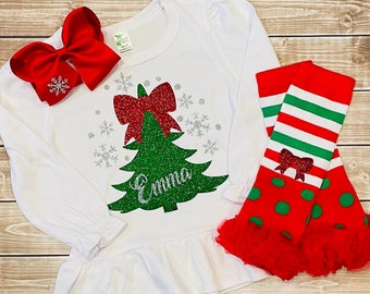 Personalized Girls Christmas Shirt, Glitter Tree Ruffle Top