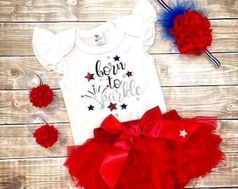 4th of July Baby Girl Outfit, Born to Sparkle Bodysuit, Red Tutu Diaper Cover