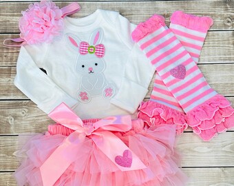 Baby Girls Easter Outfit, Bunny Applique Bodysuit, Tutu, Leg Warmers