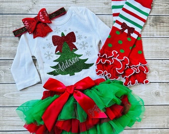 Conjunto navideño personalizado para niña, Mi primer conjunto navideño para niña, Conjunto navideño para niña, Body navideño, Tutú rojo, Top navideño