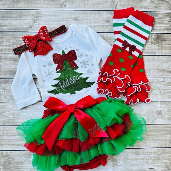 GEPERSONALISEERDE MEISJES KERSToutfit, mijn eerste kerstbabymeisjeoutfit, babymeisjekerstoutfit, kerstbodysuit, rode Tutu, kersttop