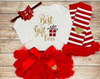 Baby Girl Christmas Outfit, Red Gold Bodysuit, Ruffle Diaper Cover, Leg Warmers, Headband