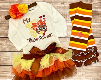 Baby Girl First Thanksgiving Outfit, Turkey Bodysuit Set