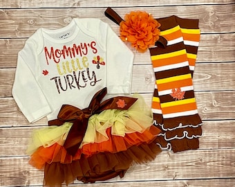 Baby Girl's First Thanksgiving Outfit, Turkey Bodysuit, Ruffle Diaper Cover, Headband, Leg Warmers