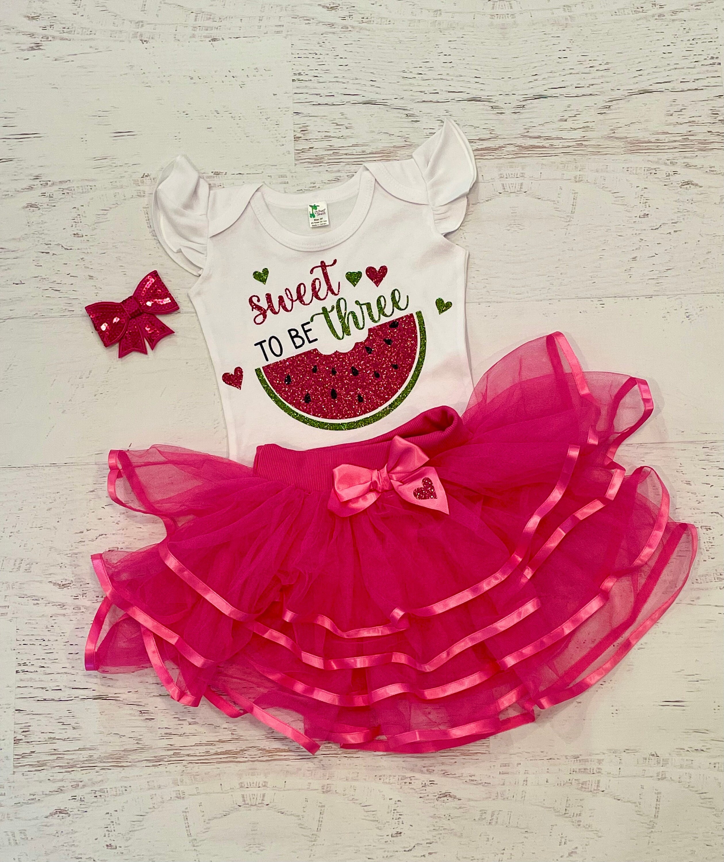 SWEET to BE THREE 3rd Birthday Girl Outfit Girls Third Birthday outfit Third birthday shirt watermelon outfit pink skirt ribbon detail