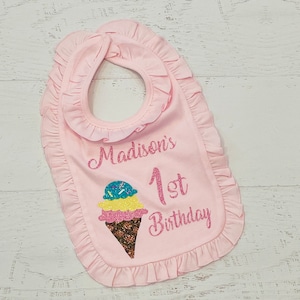 BIRTHDAY BIB, Personalized Birthday Bib, Girls Birthday Bib, Pink bib, bib with ruffles, 1st birthday bib, ice cream bib, First birthday