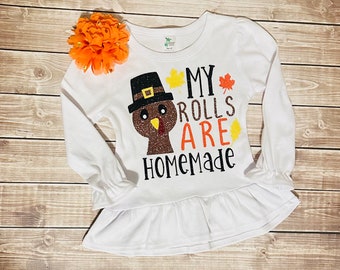 Girls Thanksgiving Turkey Shirt, Ruffled Long Sleeve Top