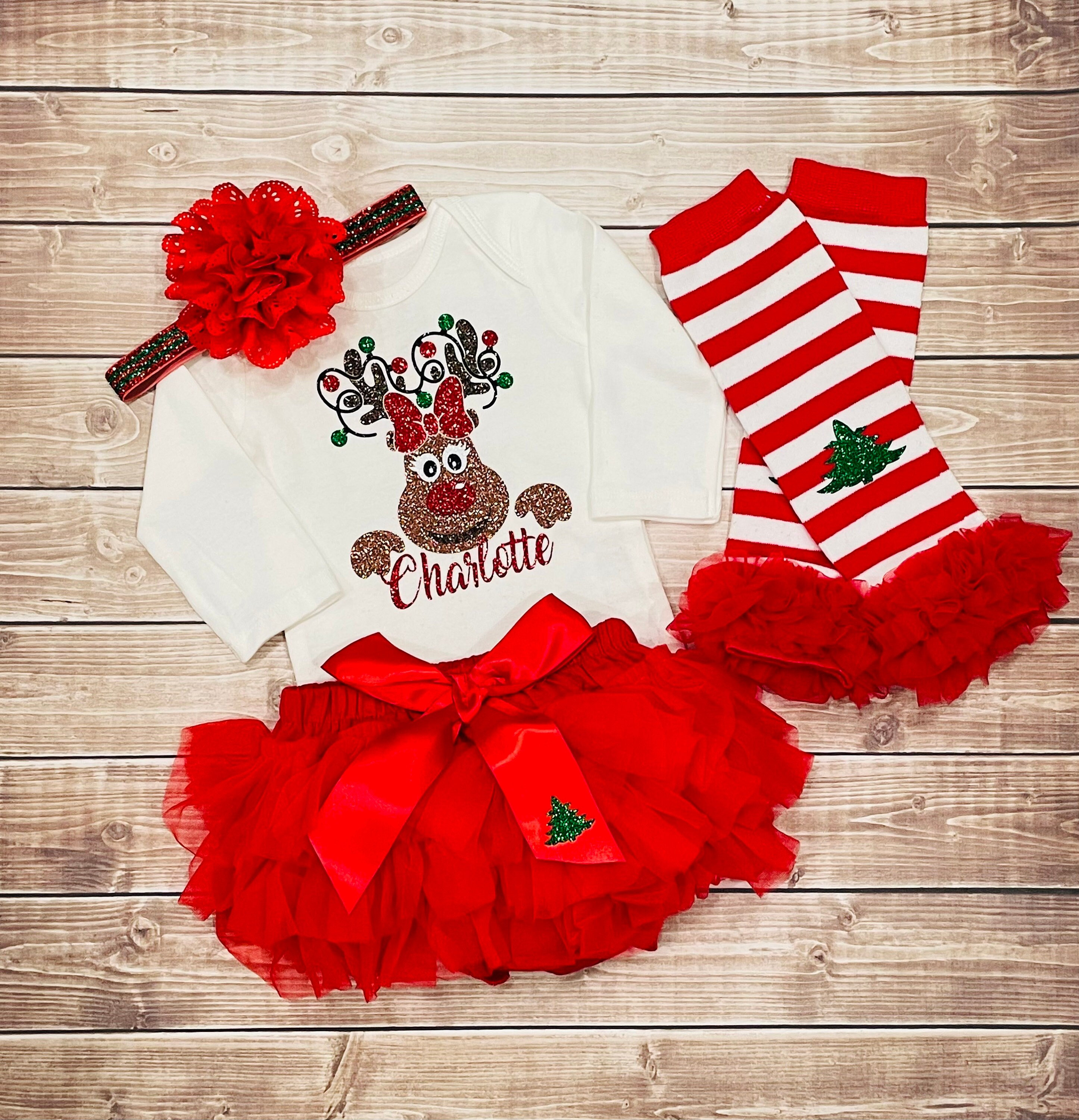 Personalized Reindeer Christmas Outfit, Baby Girl Bodysuit Set