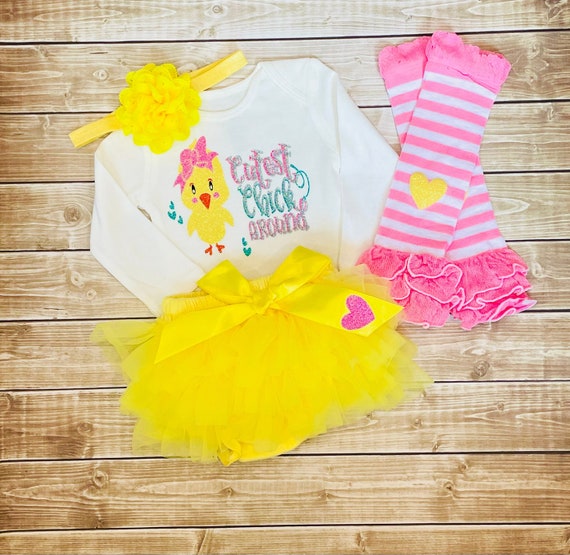Baby Girl's First Easter Outfit, Chick Bodysuit, Tutu, Leg Warmers
