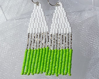 Lime Green & Silver Seed Bead Fringe Earrings