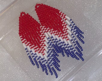 Red White and Blue Seed Bead Fringe Earrings