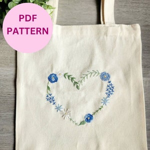 PDF Pattern - Blue Floral Heart Design - PDF ONLY - download/printable guide - Beginner/Intermediate Embroidery Pattern, Floral Heart