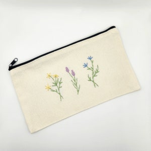 Hand Embroidered Pastel Floral Canvas Pouch, pencil case, pencil pouch, pouch, Canvas pouch, cottagecore, cotton pencil bag, make up pouch