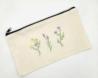 Hand Embroidered Pastel Floral Canvas Pouch, pencil case, pencil pouch, pouch, Canvas pouch, cottagecore, cotton pencil bag, make up pouch