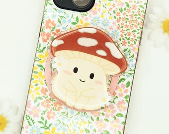 笑顔のキノコとデイジー柄のスマホグリップ、手描きアクリルエポキシスタンド（MagSafe対応）