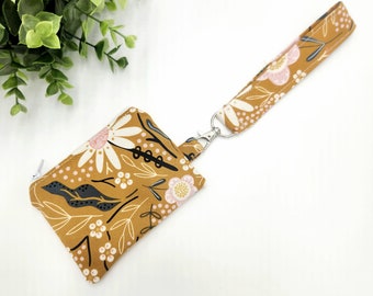 Pochette bohème florale à fermeture éclair avec bracelet assorti, porte-monnaie, porte-monnaie à fermeture éclair, petite pochette à fermeture éclair, fleurs, fait main, porte-clés