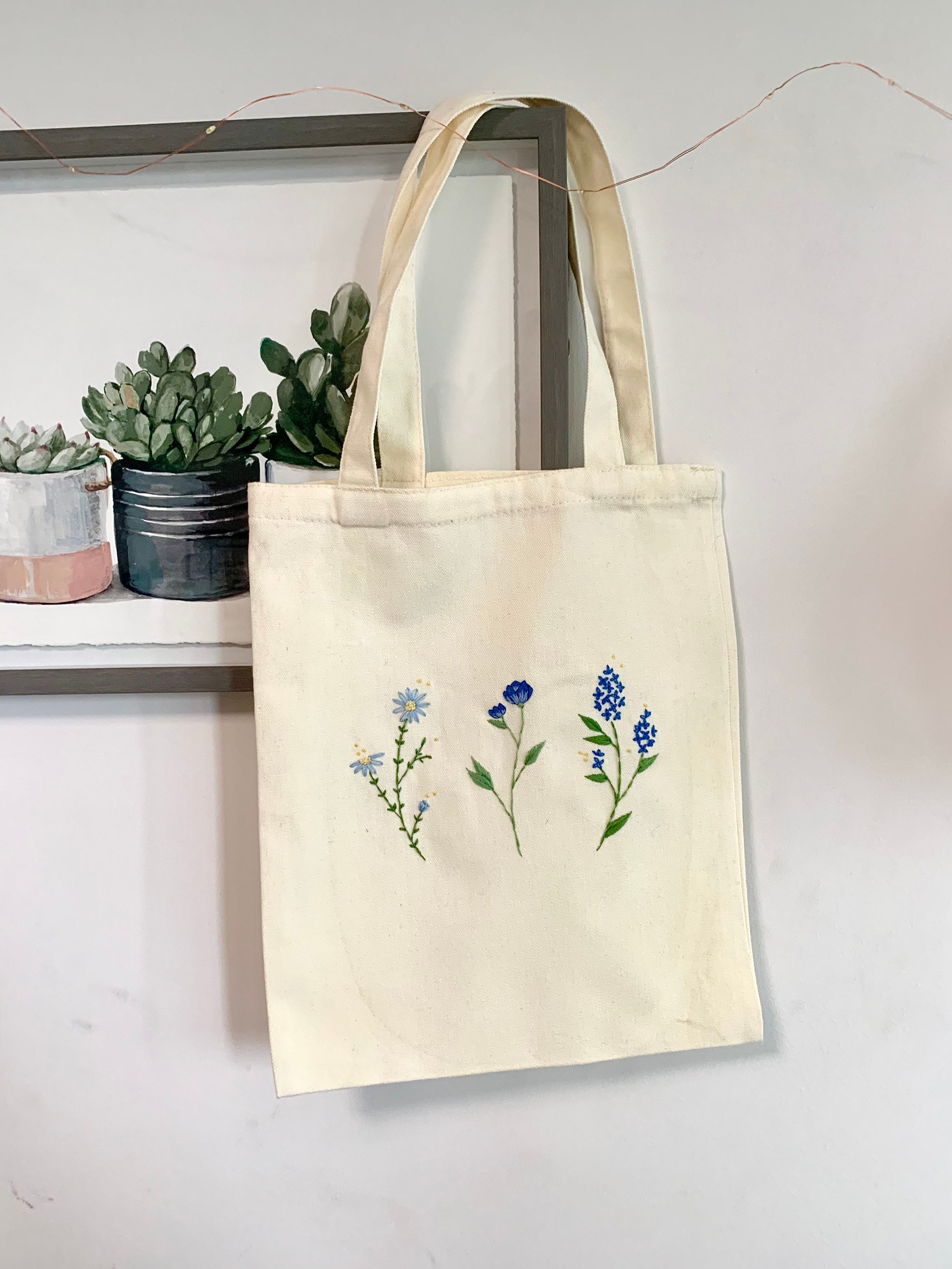 Spring Blue and Yellow Floral Pattern Embroidery Tote Bag - Etsy Canada