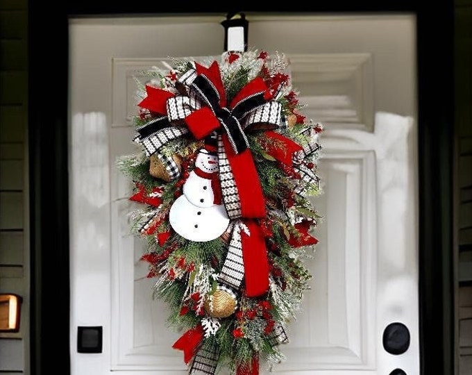Festive Snowman Christmas Wreath With Red and Black Plaid Bow, Winter ...