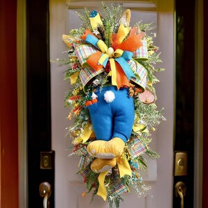 Guirnalda de puerta de conejo de Pascua XXL con cintas de colores y detalles florales primaverales, corona de Pascua para puerta de entrada, guirnalda de conejo para puerta, decoración de puerta de primavera