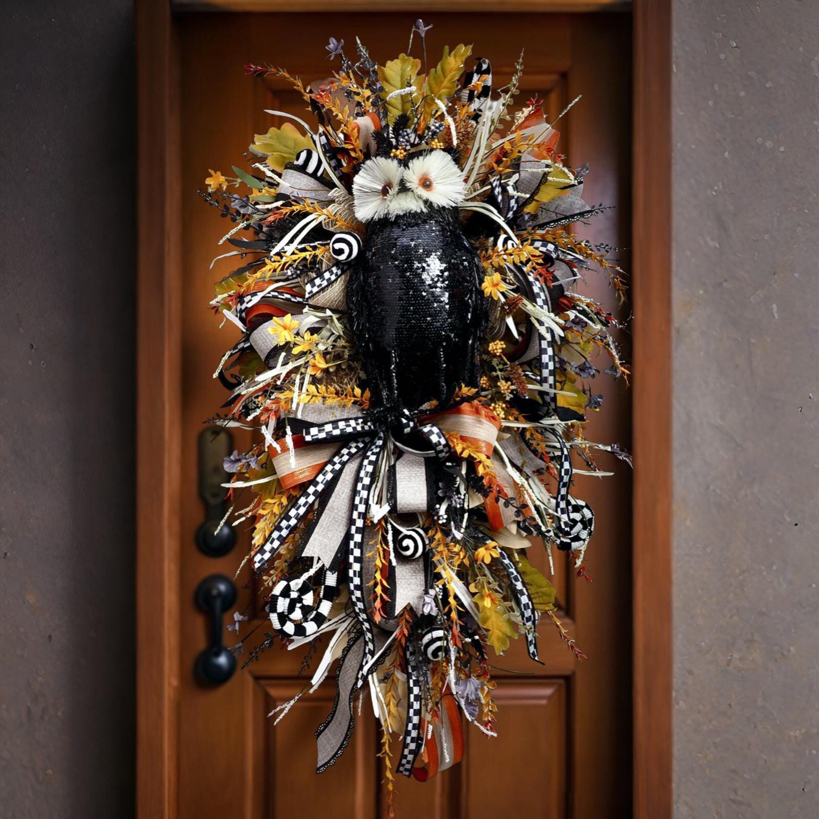 XXL Elegant Fall Owl Door Swag with Black Sequin Owl, Autumn Front Door Swag, Halloween Front Door Decor, Halloween Owl, Fall Door Swag