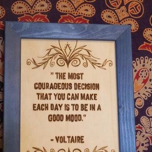 Good mood Quote Voltaire Woodburned Wall-Hanging