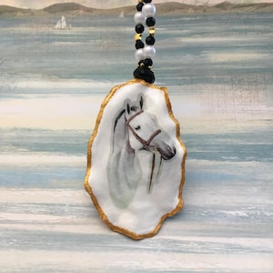 Horse / Pony: Hand Decorated Oyster Shell Hanging Ornament On Beaded Elastic