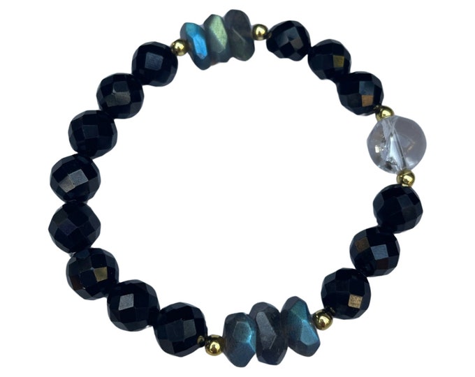 Clear quartz, Labradorite & black Tourmaline Bracelet