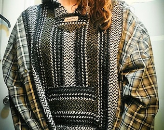 Green and black Mexican Baja hoodie Flannel Reworked & Upcycled Carhrt