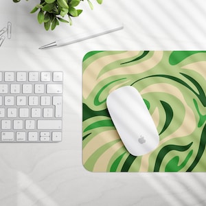 Green Retro Swirl Mouse Pad, Trendy Stripes Mouse Pad, Wavy Lines Mousepad, Abstract Green Mousepad, Home Work Dorm Office Desk Decor