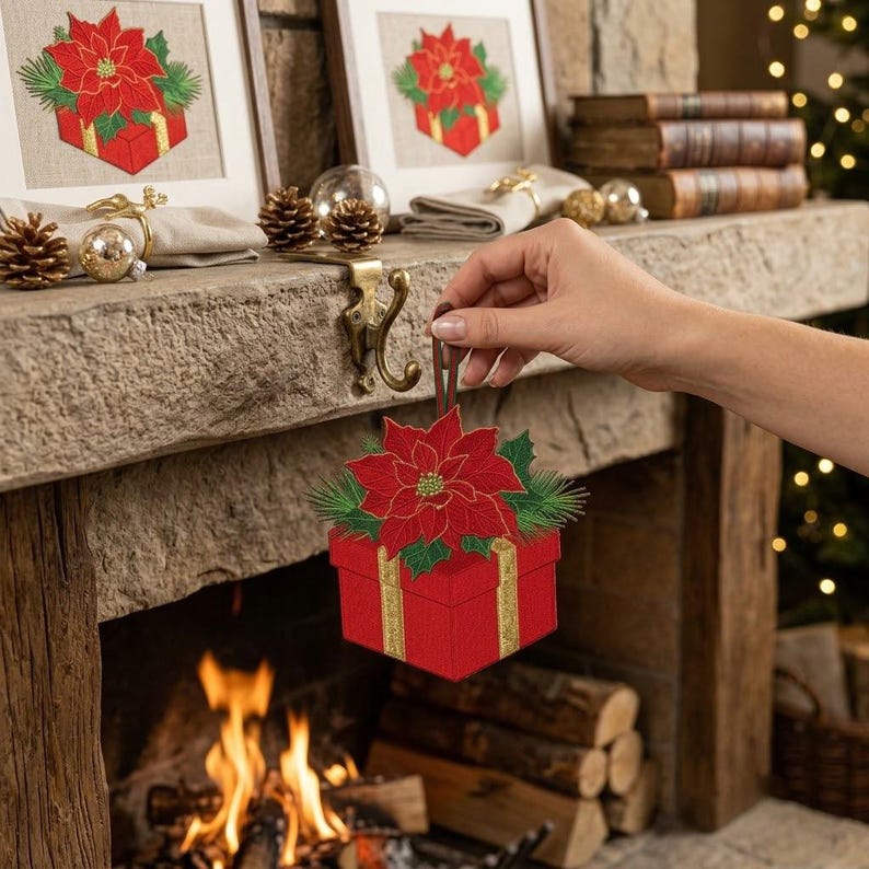 Plug Without A Back Box FSL Embroidery File : Christmas Gift Box Embroidery Design, Poinsettia ...