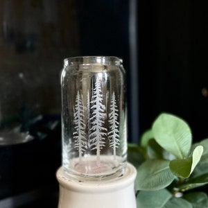 Pine Tree Forest, 16oz Etched Can Glass, Glass Can, Iced Coffee Cup, Glass tumbler, Glass cup, etched coffee glass
