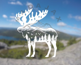 May include: White silhouette of a moose with a mountain range and pine trees inside the outline. The moose has a crescent moon and stars on its antlers.