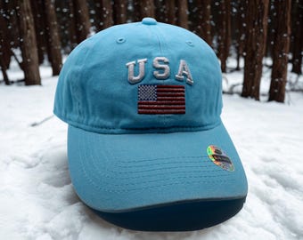 USA Washed Light Blue Hat with American Flag. USA Flag Cap. Patriotic Cap. American Flag Embroidered Freedom Hat. Veteran Gift. USA Hat