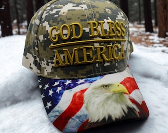 God Bless America Hat. USA Hat – Adjustable Patriotic Camo Cap with American Flag Embroidery – Gift for Patriotic  – USA Eagle Baseball Hat