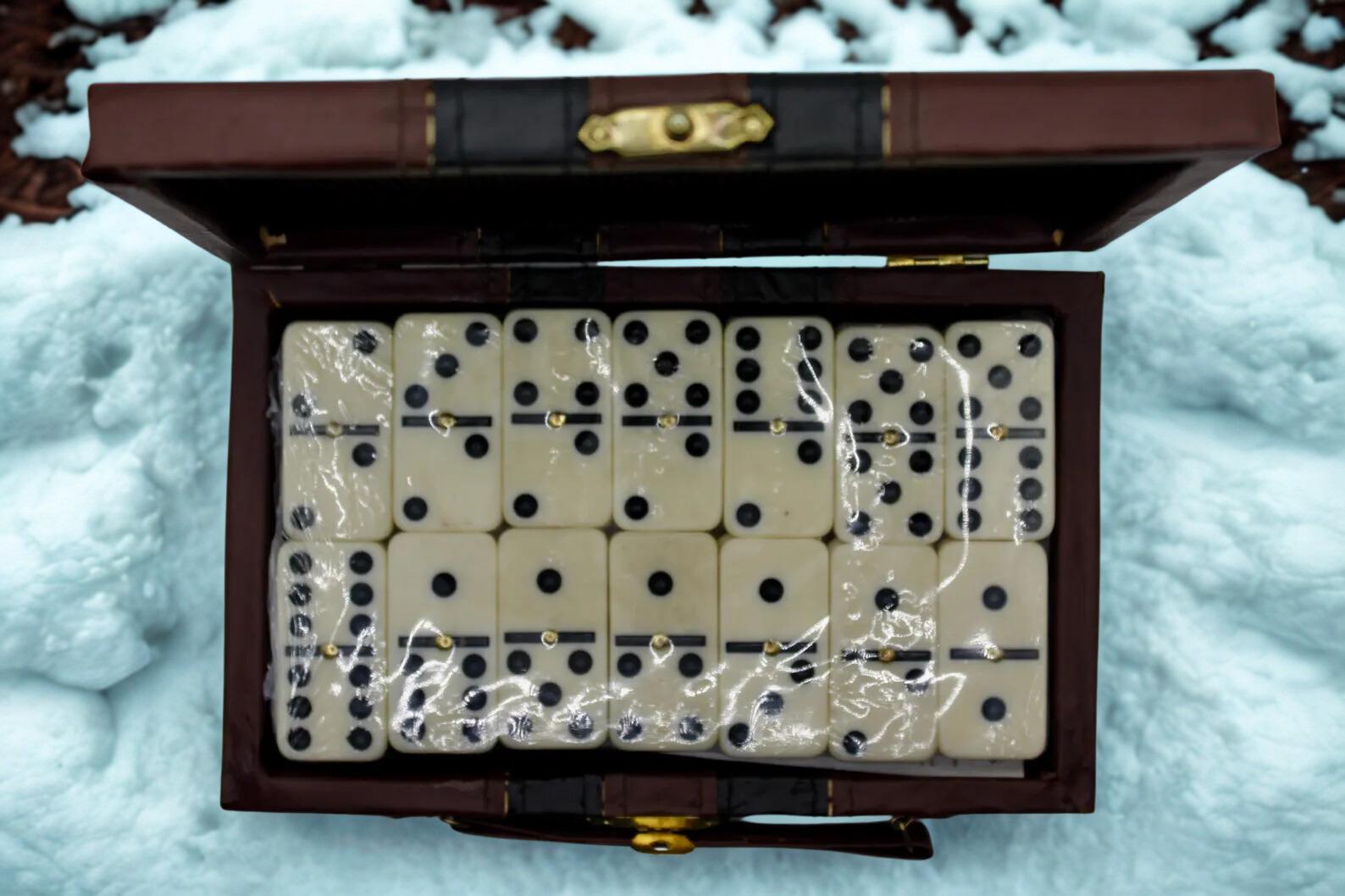アンティーク　カジノセット　レザーボックスセット　ドミノ・トランプ・ダイス Domino Set With Case. Classic Double-six Dominoes in Faux Leather