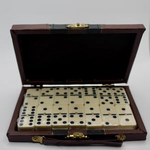 Domino Set with Case. Classic Double-Six Dominoes in Faux Leather Box. Gift for Dad. Retro Family Game. Travel Game Set Vintage Dominoes Set
