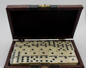 Domino Set with Case. Classic Double-Six Dominoes in Faux Leather Box. Gift for Dad. Retro Family Game. Travel Game Set Vintage Dominoes Set