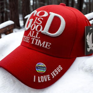 God Is Good All the Time Hat – Jesus Christian Red Baseball Cap with Embroidered Message – Faith Statement Hat. Christian Gift. Jesus Hat