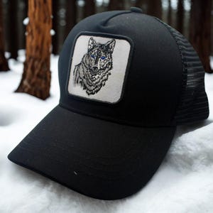 Wolf Hat. Black Wolf Embroidered Patch Hat. Wildlife Hat. Wolf Baseball Cap. Wildlife Outdoor Animal Head Mesh Snapback. Wildlife Hat