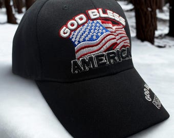 God Bless America Hat. USA Hat – Adjustable Patriotic Black Cap with American Flag Embroidery – Gift for Patriotic  – USA Eagle Baseball Hat