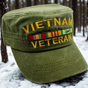 Vietnam War Veteran Cap. Embroidered Vietnam Veteran hat. Veteran Hat. Gift for Dad. Hat for Veterans. Vietnam War Military Style Green Cap