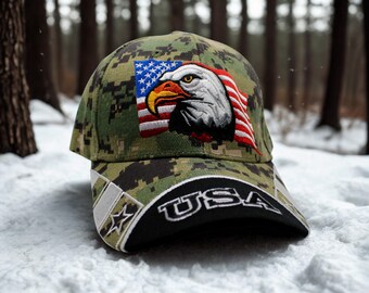 USA Vithövdad havsörn hatt. Patriotisk kamouflagekeps med amerikansk flagga broderi. USA hatt. Vithövdad havsörn keps. Amerikansk örn keps. USA Eagle basebollkeps