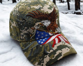 Gorra de camuflaje con bandera estadounidense de águila calva. Gorra de béisbol patriótica bordada de EE. UU. Gorra de águila de EE. UU. Gorra de águila calva. Gorra patriótica. Gorra con bandera estadounidense.